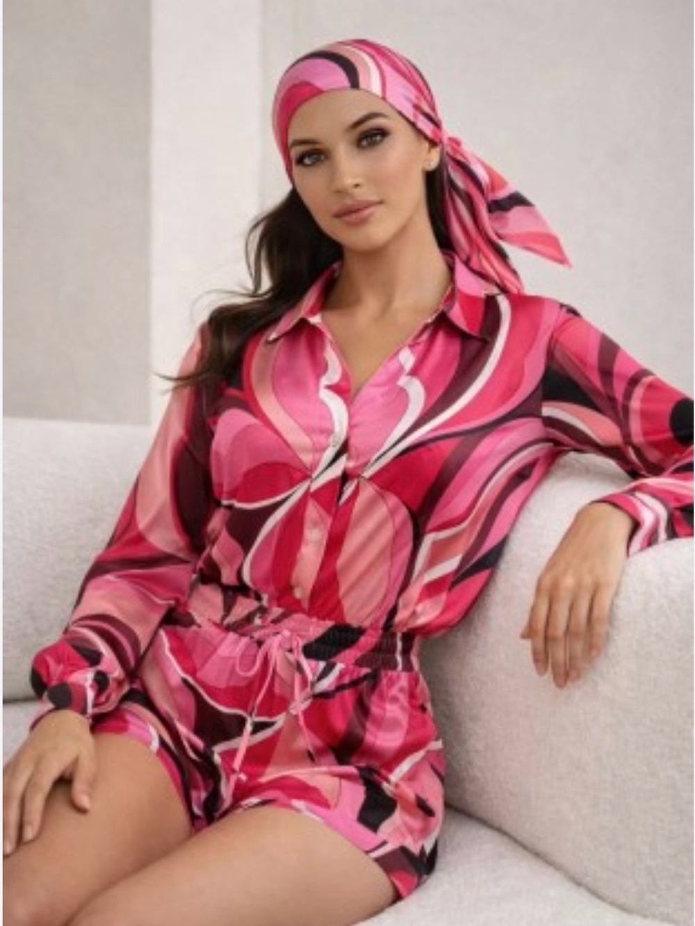 NWOT Halfheart Women's Pink Swirl Satin Button-Front Rompers with Headscarf